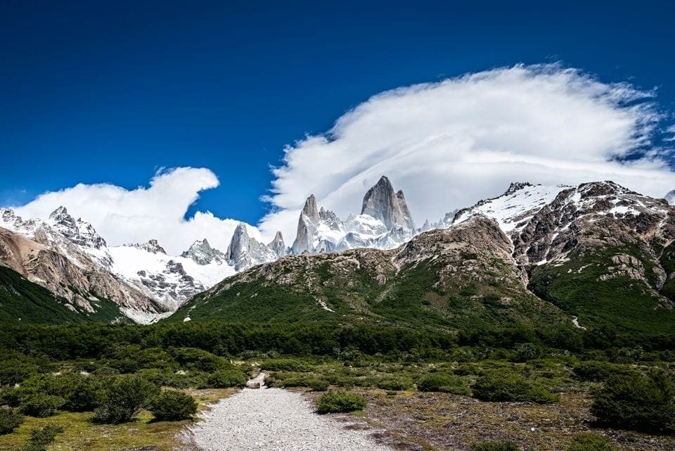 view of a hiking trail in El Chalten, with a background of Mt. Fitz Roy