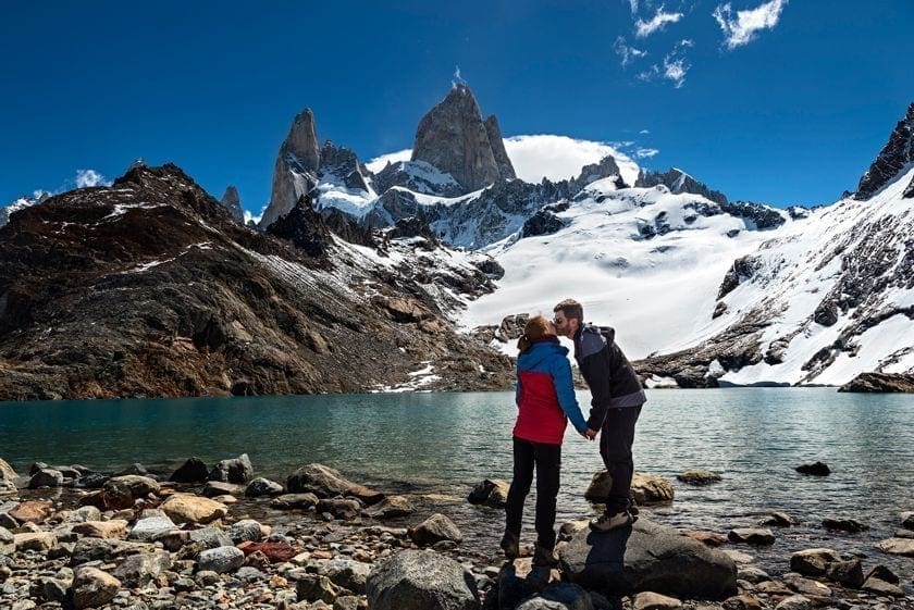 Renting a car and driving in Patagonia: a complete guide kiss at laguna jpeg View of a couple kissing at Laguna de los Tres in El Chalten, Argentina.