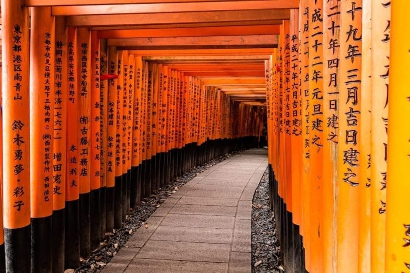 A picture of vermilion torii gates of Fushimi Inari shrine in Kyoto. The shrine is one of the iconic sights in Japan and a fabulous object of photography in Japan.